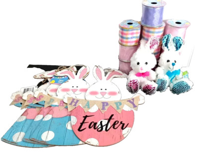 Easter Sign Wreath Sign Wooden Wall Hanging Set of 4 and 10 Roll 3 Yard Ribbons