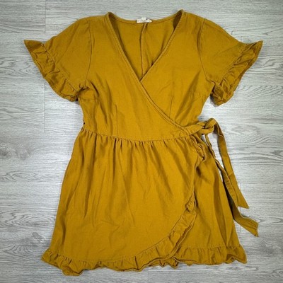 L.A. Hearts Womens Wrap Dress Mustard Yellow Medium Ruffle Hem Cotton