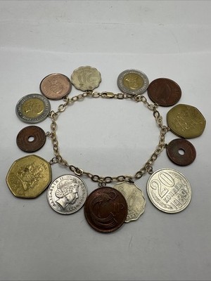 JCM 10K Gold Kette Bettelarmband um die Welt Münzen Jacmel Mauritius 7 Zoll