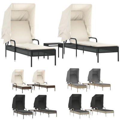 2er Set Sonnenliegen mit Dach und Tisch Poly Rattan Gartenliege Relax Liegestuhl