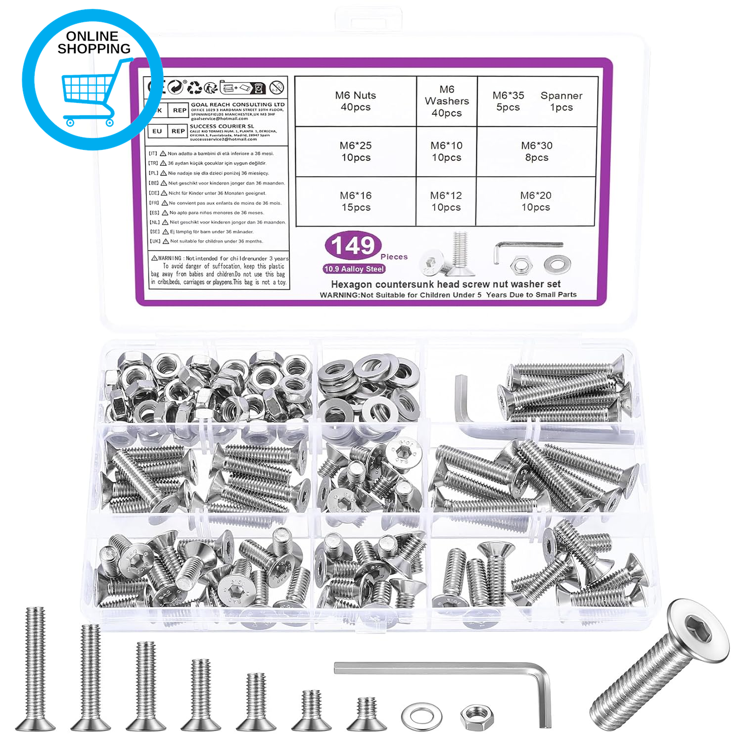 149 Pcs M6 Screws Set, Countersunk Bolts and Nuts Set, Countersunk Nuts and Bolt