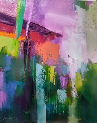 Original oil painting 22''x28'' Contemporary wall art, Abstract, City scape, Green