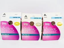 3 L'eggs Silken Mist Control Top Run Resistant Silky Sheer Leg Tights NUDE Sz A