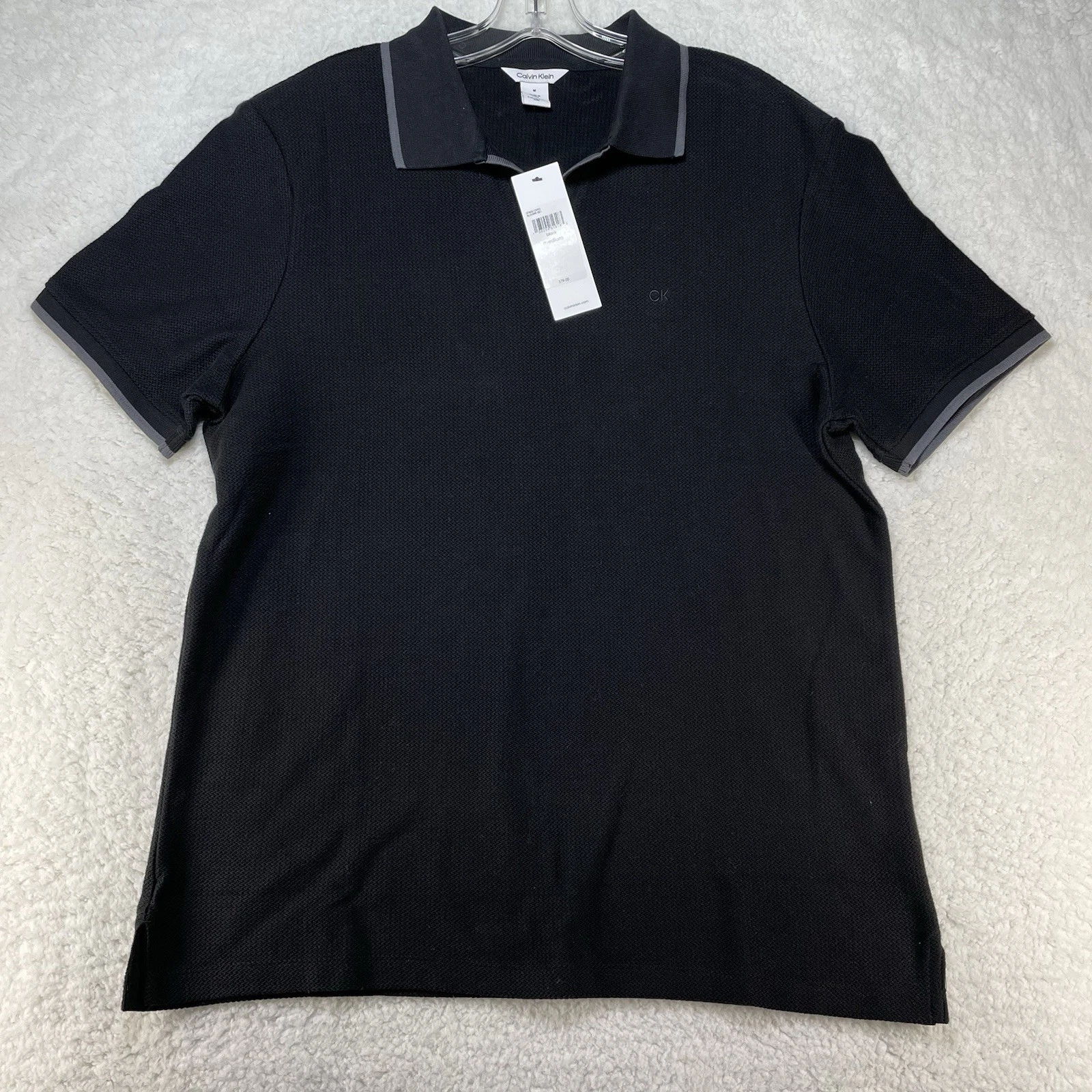 Calvin Klein Polo Shirt Mens M Black Embroidered Woven Knit Short Sleeve NWT