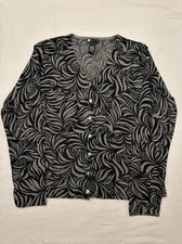 Angora Lamb Wool Nylon Cardigan Buttons Front Women's size M Grey/Black Flowery