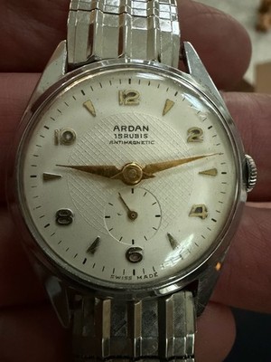 Vintage Ardan 15 Rubis Swiss Manual Wind Watch 1950s Textured Dial Sub-Second