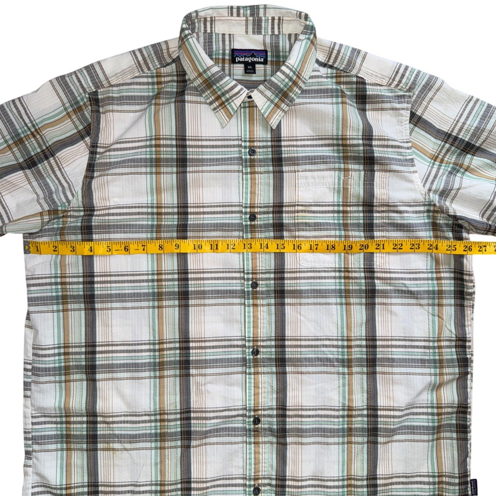 Patagonia Mens XXL Short Sleeve Button Down Plaid Shirt Green Tan White Outdoor thumbnail 5