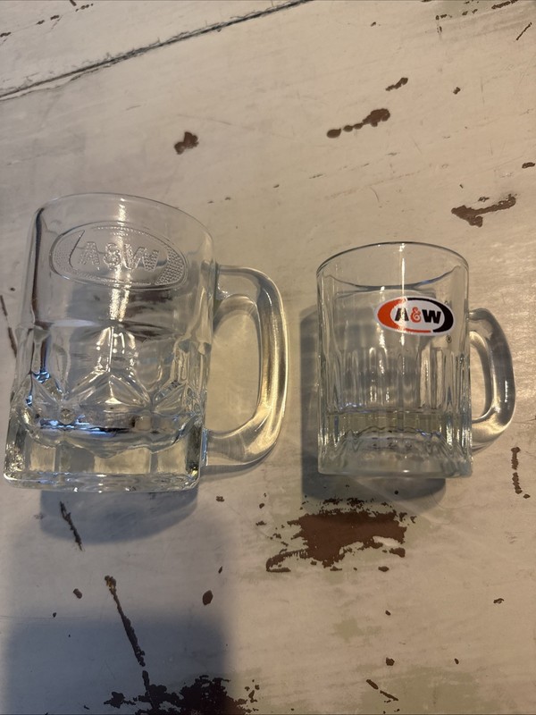 1  A&W Root Beer Clear Glass Heavy Mug with A&W Logo 4 ¼” 1 Mini Logo Glass