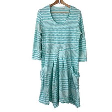 Lulu-B Women's Sz Large Turquoise and White Stripe Dress 3/4 Sleeve Scoop Neck