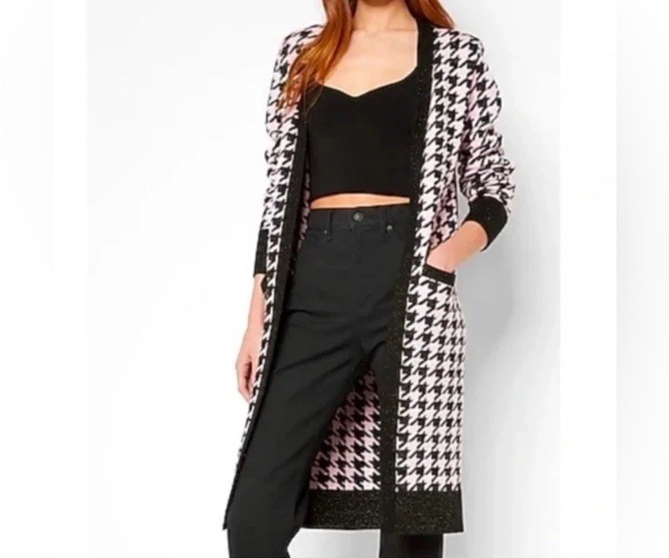 Express Pink Houndstooth Open Duster Cardigan Siz… - image 1