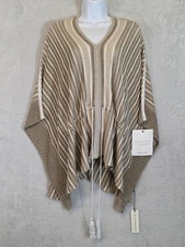 White + Warren Sweater Womens M/L Beige Stripe Linen Cotton Poncho Pullover