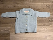 Vintage 70s 80s Hand Knit Baby Knit Cardigan Sweater Light Blue Collared 12 Mo