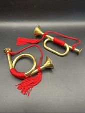 Lot of 2 Vintage Brass Bugle French Horn With Red Rope Christmas Ornaments