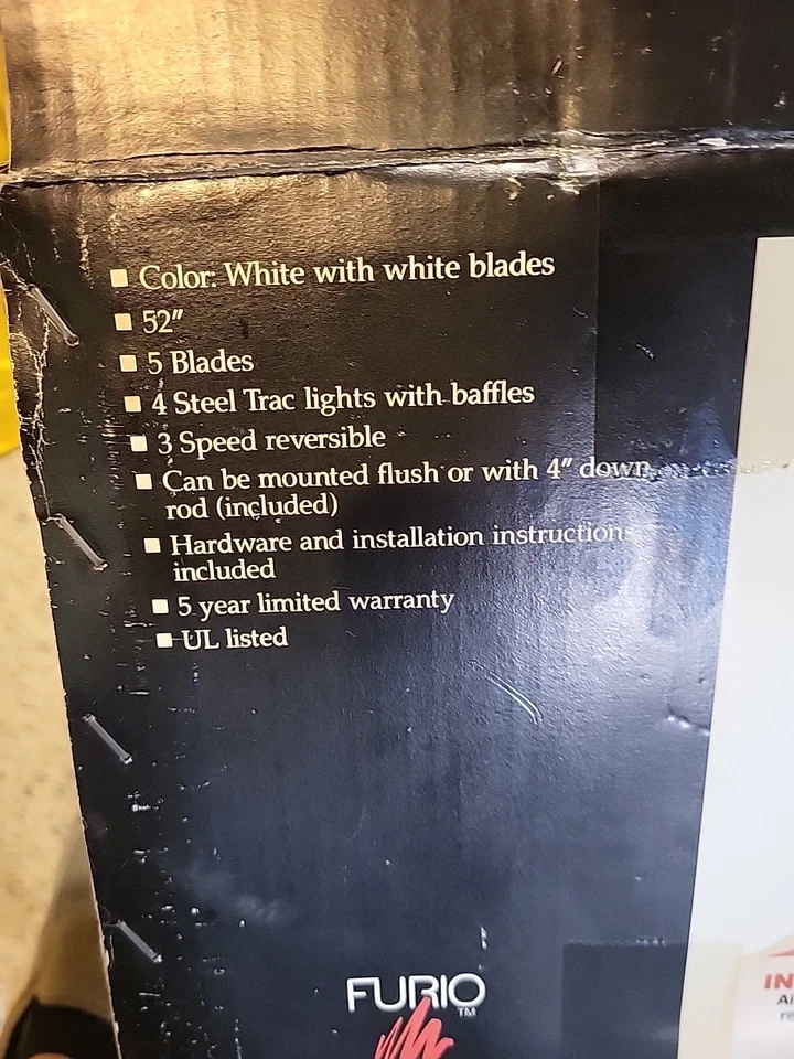 Furio 52" Ceiling Fan White w/ White, 5 Blade, Reversible, W/ 4 Lights, New! - Image 4 of 4