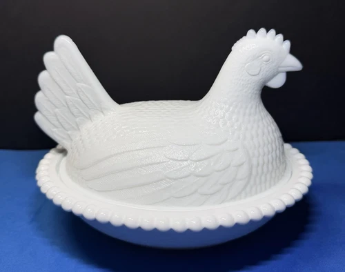 Vntg  Indiana Milk Glass Hen on Nest Beaded Edge Covered Dish White 7" Farmhouse