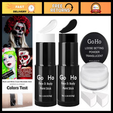 White  Black Face Paint Stick Set with Setting Powder  Sponges - Waterproof Ha