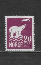 NORWAY SCOTT 109 MVLH VF - 1925 20o PLUM ISSUE - POLAR BEAR & PLANE