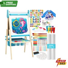 NEW Kids Art Easel Double Sided Magnetic Whiteboard Chalkboard Paper Roll Blue
