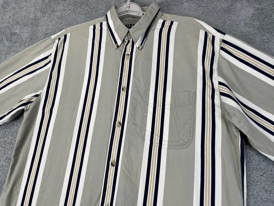 Trader Bay Shirt Mens Medium Gray White Blue Striped Button Up Pocket Casual 90s - Image 4 of 4