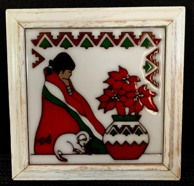 Vintage 6'' Southwestern Tile Native Woman Cat Pottery Christmas Poinsettia USA