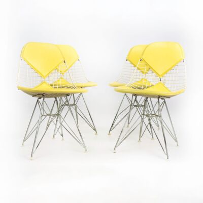 1958 Set of Four Herman Miller Eames DKR-2 Wire Bikini Chairs w Yellow Naugahyde