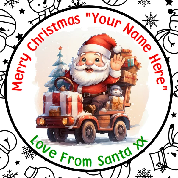 LABEL WARRIOR PERSONALISED CHRISTMAS SANTA STICKERS NAME LABELS GIFT FATHER CHRISTMAS TRUCK