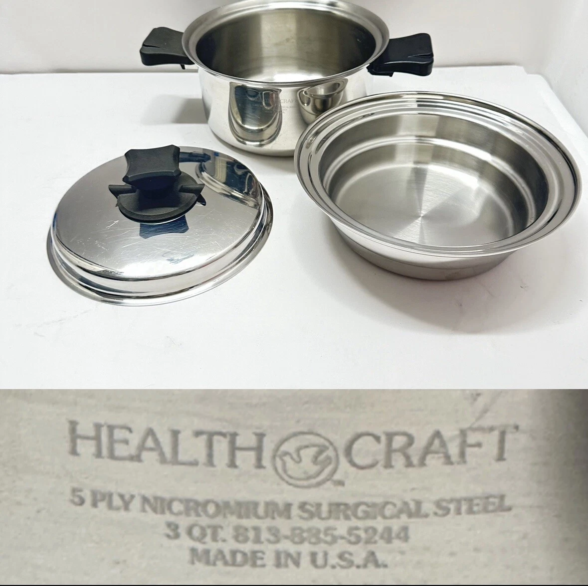 Vtg Health Craft 3 Qt 5-Ply Nicromium Surgical Steel Double Boiler With Vent Lid