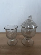 Vintage / Antique Jeannette Glasses? Pedestal Candy Dish W/Lid & Drinking Glass.