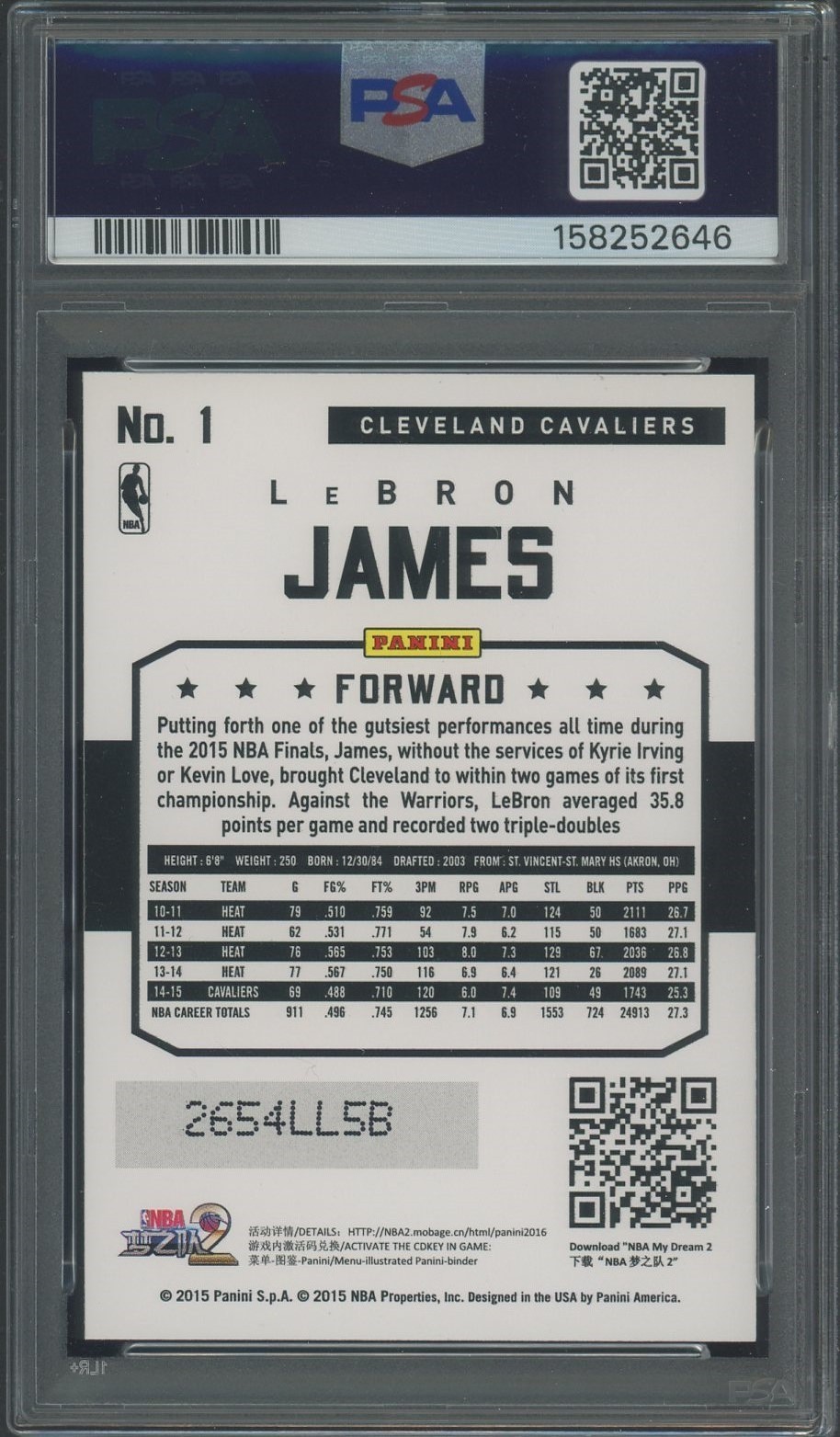 2015-16 Panini NBA International Hyper #1 LeBron James Cavaliers PSA 9 view 2