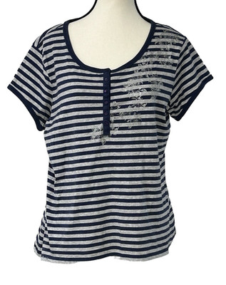Bay Studio XL Women s Knit Tee Top Blue & Gray Stripes Cotton Blend B38