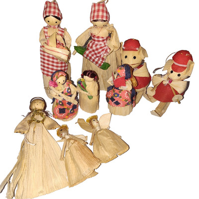 VTG Handmade Corn Husk Dolls Folk Art Figurines, Angels & Mice   Lot of 10