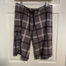 Men  s OP OPFlex Shorts Sz 34Gray Plaid 4 Way Stretch Long Board Surf Swim.