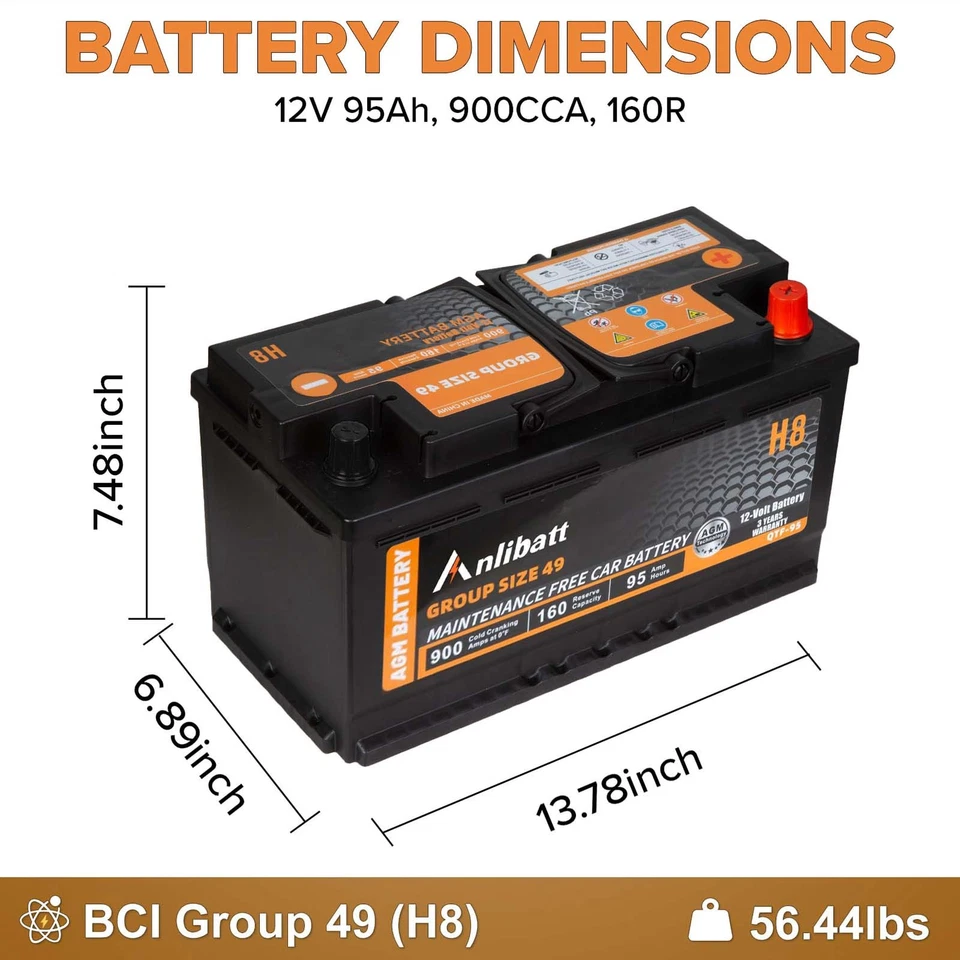 AGM Car Battery Group 49 900CCA 12V 95Ah Size H8 160RC for Start Stop - Image 2 of 4