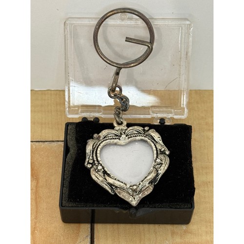 Vintage Ornate Heart Photo Frame Keychain Silver Tone Metal Thailand Scroll Work