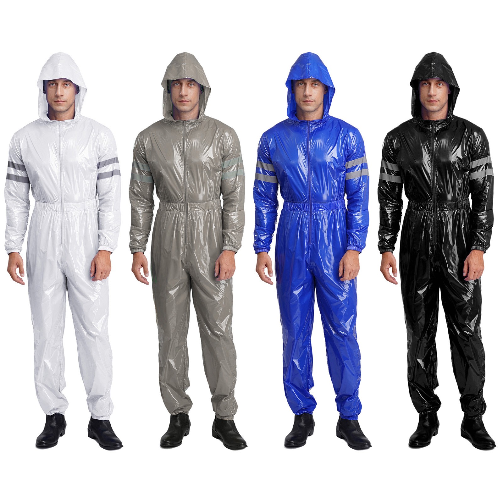 Mens Water Resistant Jumpsuit High Visibility Reflective Strips Hooded Coveralls