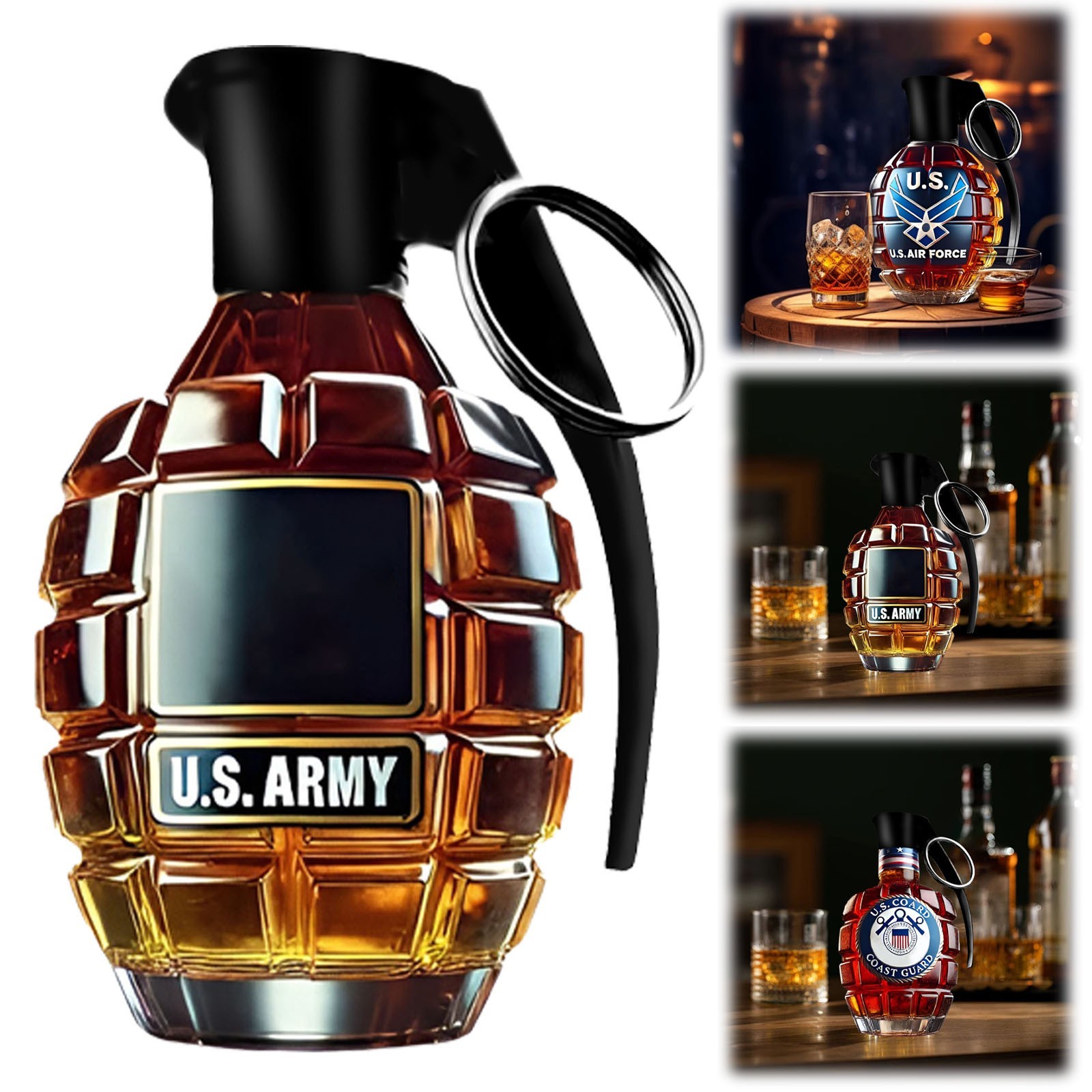 Hand Grenade Whiskey Bottle Engraved Glass Decanter Veteran Commemorative