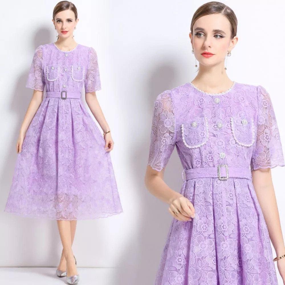 Vestido De Encaje Lila Elegante Con Cinturón Ajustable Suave Para Invitada