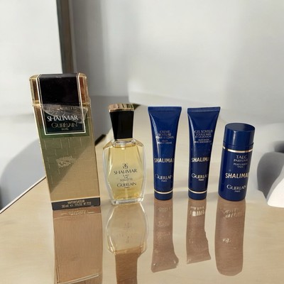 Guerlain Shalimar 1 oz  Spray w/Box, Talc + Lotion + Body Wash 4 Pc Set PreOwned