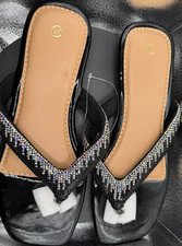 Women  s Black Solid PVC Rhinestone Strap Slide Sandals Slip-On Flat Size 7.5