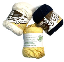Lily Sugar  n Cream  Loops Threads Cotton Yarn Mixed Lot of 3 Ecru Black Yellow