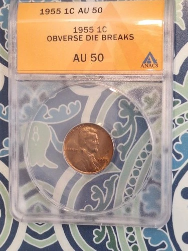 1955 LINCOLN CENT OBVERSE DIE BREAKS ANACS AU 50