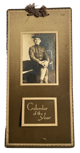 1919 Antique Cabinet Card WW1 Soldier Uniform and Calendar in flip-up. 8.25x4in.