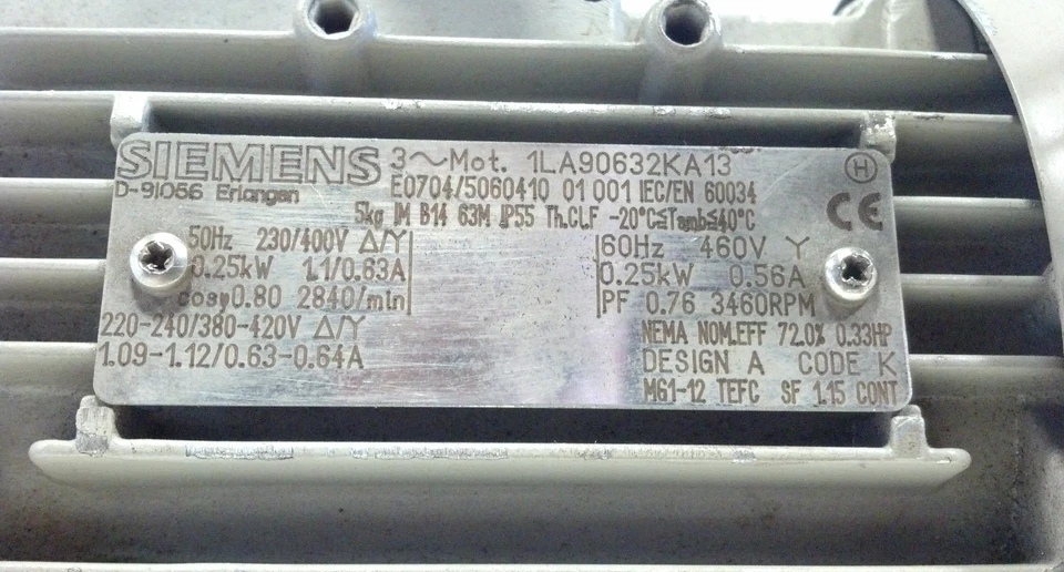 Siemens 1LA90632KA13 3 PH 380-420 V 3460 RPM Low Voltage Motor - Image 2 of 4