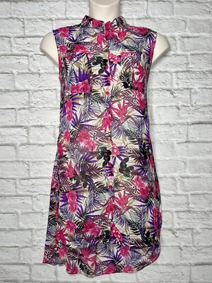 She's Cool Long Sheer Chiffon Tunic Women s XL Pink Tropical Floral Slit Boho