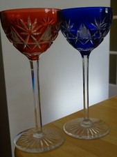 VAL ST LAMBERT 2 ANCIENS VERRE A VIN ROEMER CRISTAL ORANGE ET BLEU ht 19 cm