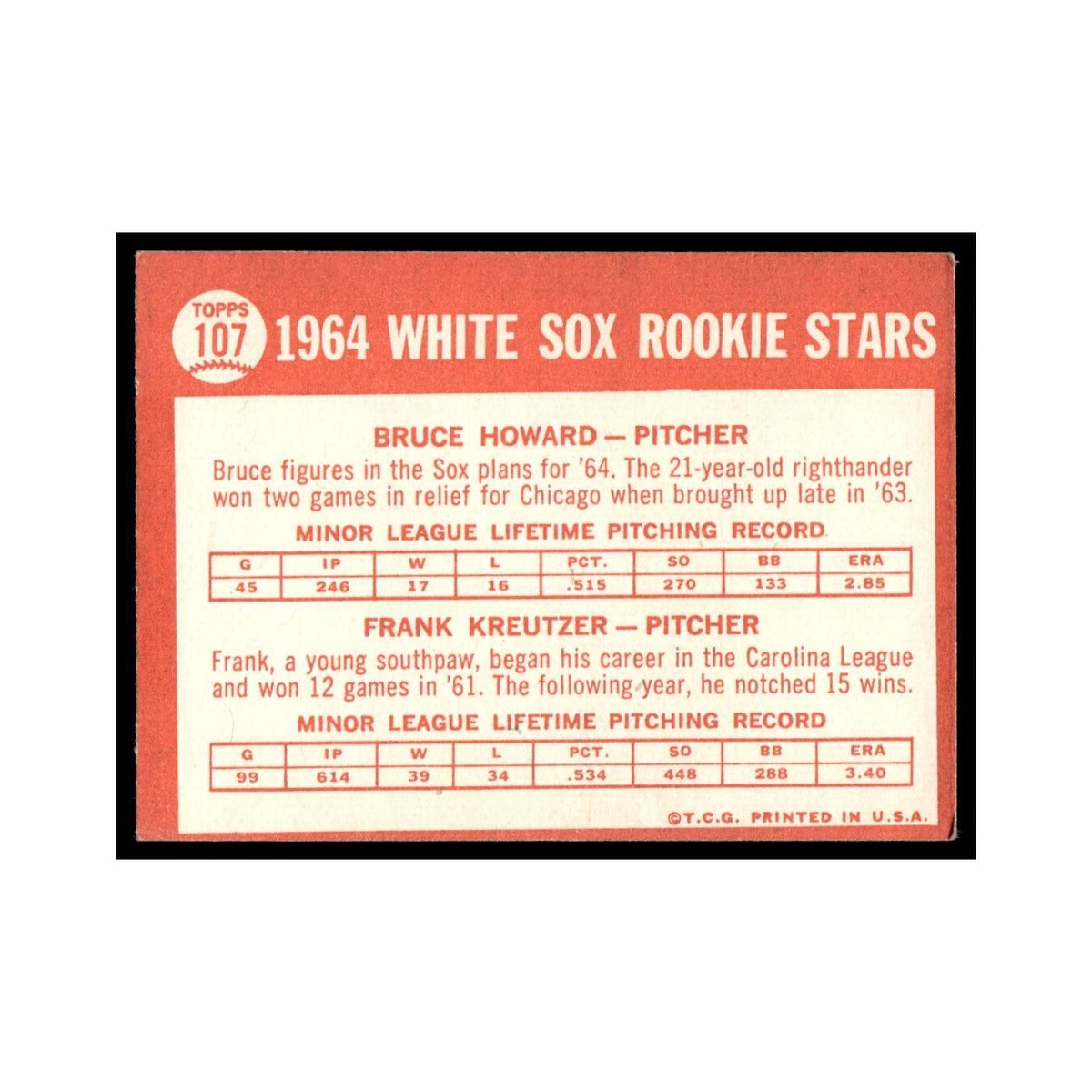 1964 Topps Baseball Card Bruce Howard/Frank Kreutzer RC White Sox