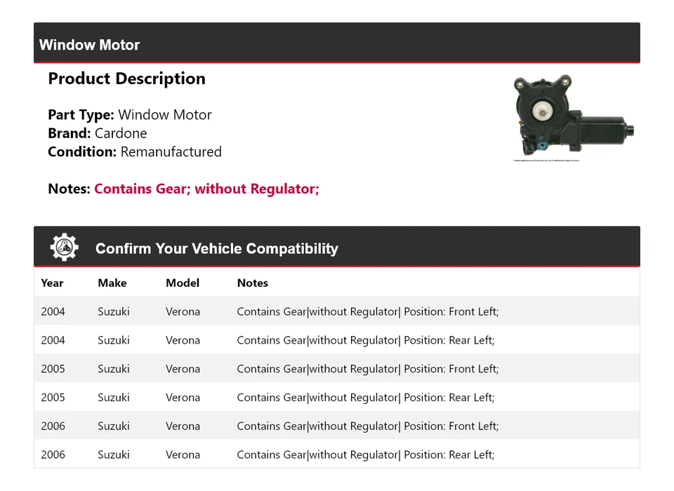 Motor de ventana Cardone 2005 para Suzuki Verona 2004-2006 Foto 2 de 4