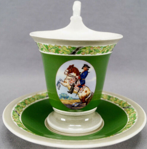 KPM Berlin Hand Painted Frederick the Great Portrait & Green Empire Form Cup - Picture 1 of 9