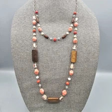 Beaded Layered Necklace Wood Cylinder Pink Acrylic Silver Tone 34"