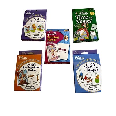 Set Of 4 Disney  and 1 Barbie Early Learning Game Cards Words Time Money Colors